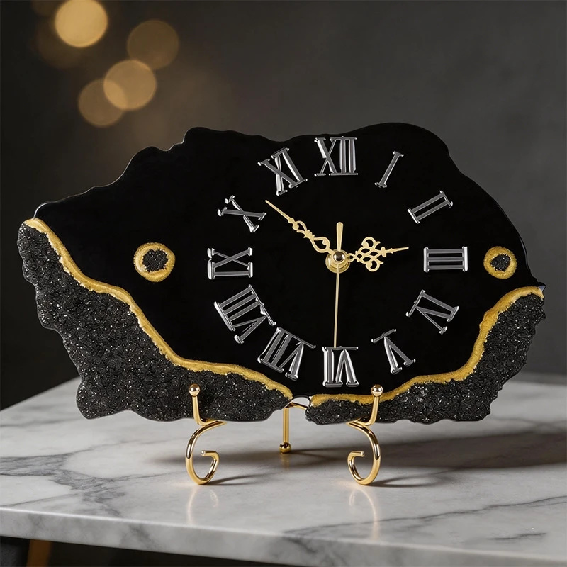 Resin Art Wall Clock - Black Crystal Chip Gold Edged Irregular